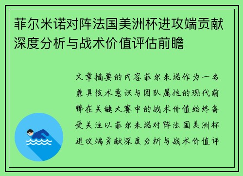 菲尔米诺对阵法国美洲杯进攻端贡献深度分析与战术价值评估前瞻
