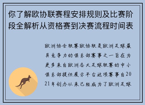你了解欧协联赛程安排规则及比赛阶段全解析从资格赛到决赛流程时间表详解